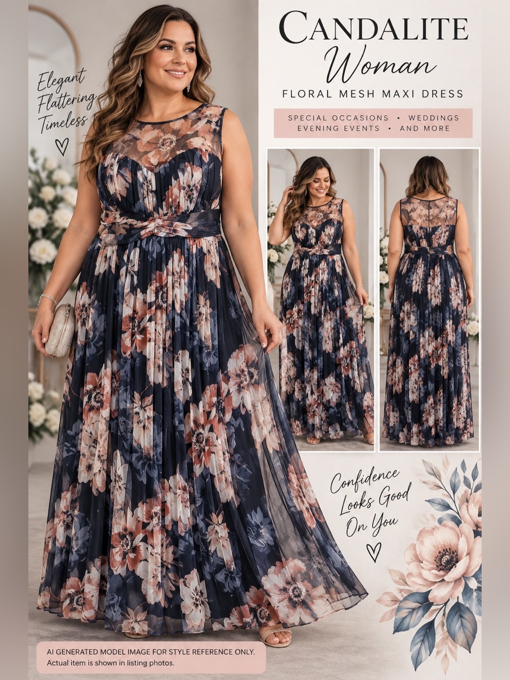 Candalite Woman Floral Mesh Formal Maxi Dress Evening Gown